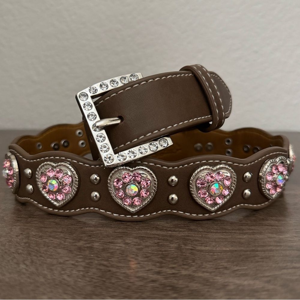 Nocona Belt Co. Pink Rhinestone Bling Silver Hearts Brown Belt